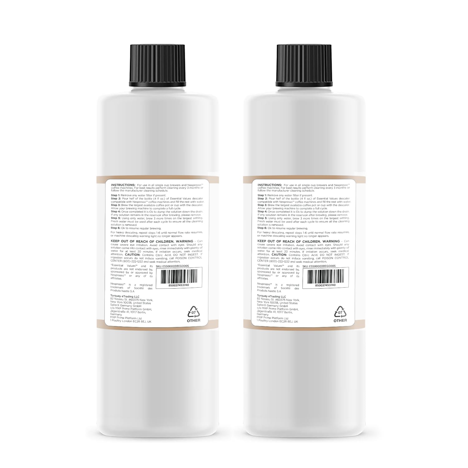 Essential Values Nespresso descaler bottle pour shows mineral buildup removal in use