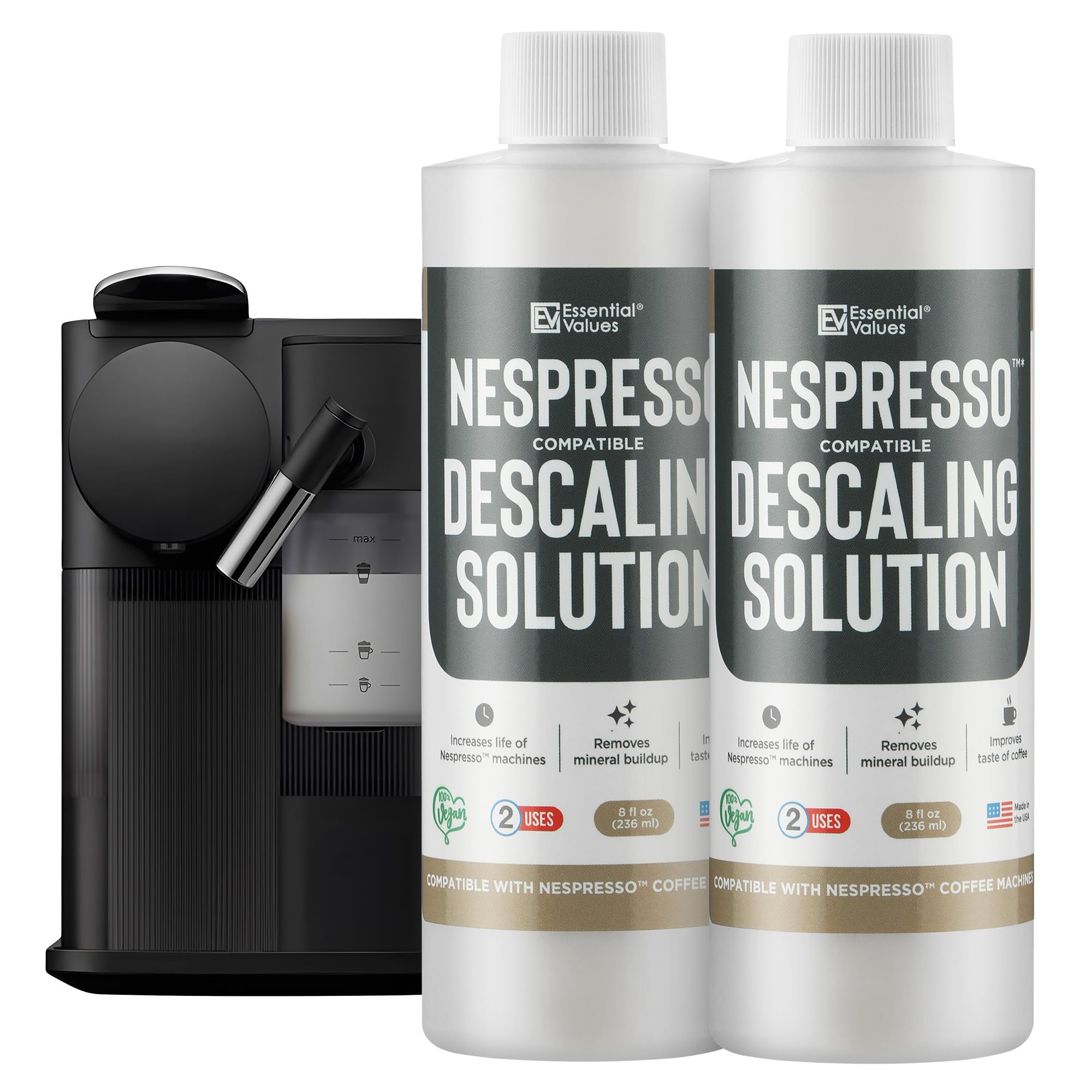 Essential Values Nespresso descaler label with usage directions for routine cleaning