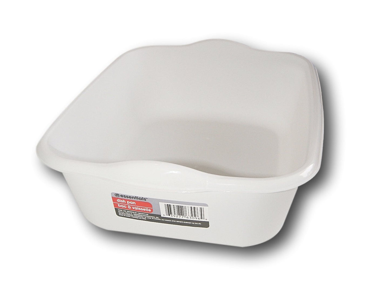 Essentials white eight-quart dishpan in sink for easy dishwashing.