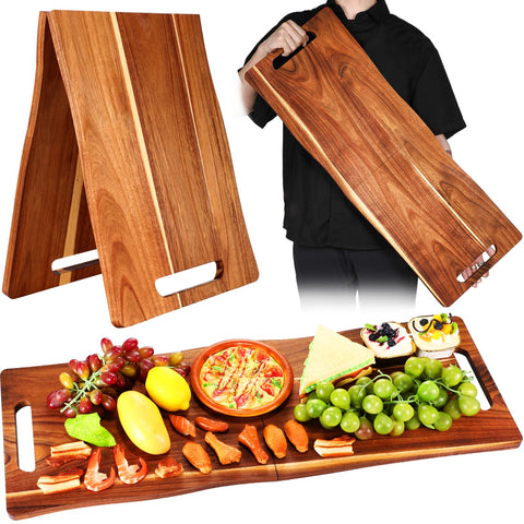 Essenya acacia large charcuterie board with foldable handle for easy transport.