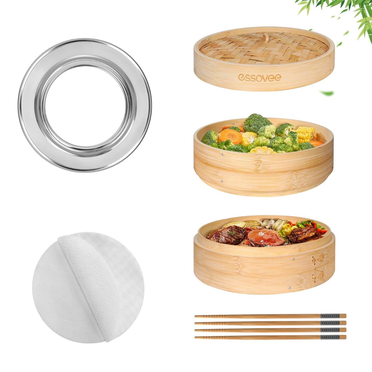 Essovee bamboo steamer 2-tier for dumplings and vegetables, preserves texture and aroma.