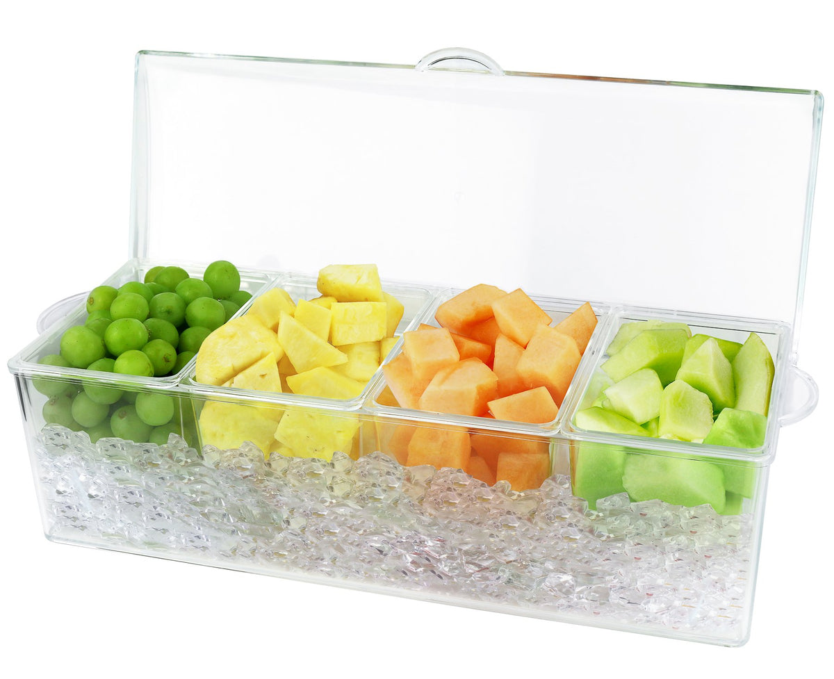 Estilo chilled condiment server with ice base keeps dips fresh for hours.