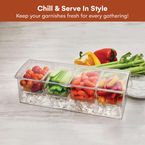 Estilo four removable trays for easy refills of garnishes and toppings.