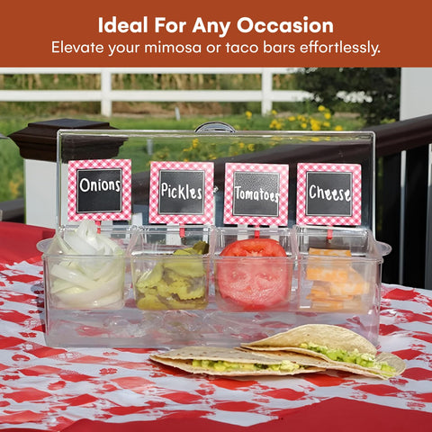 Estilo multi purpose serving caddy keeps toppings organized at gatherings.