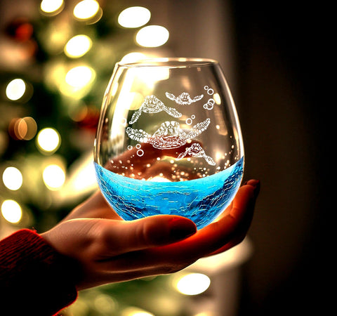 Etchpress sea turtle wine glass with hand-blown rim for refined evenings.