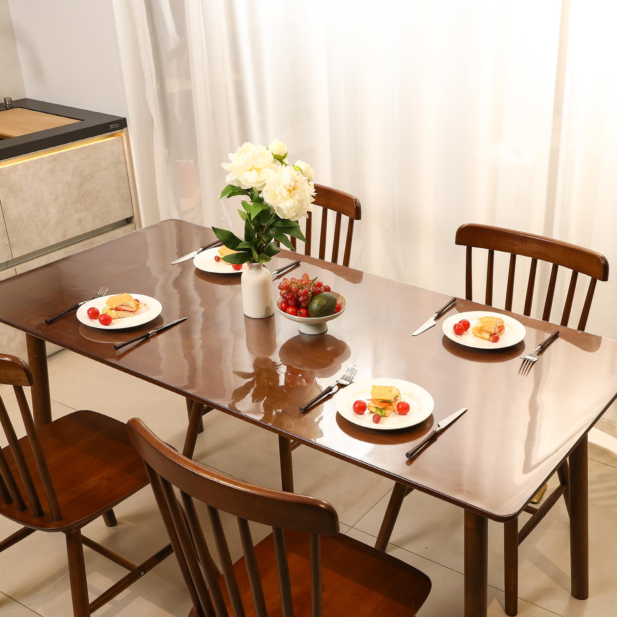 ETECHMART clear table cover on textured wood prevents watermarks and bubbles.