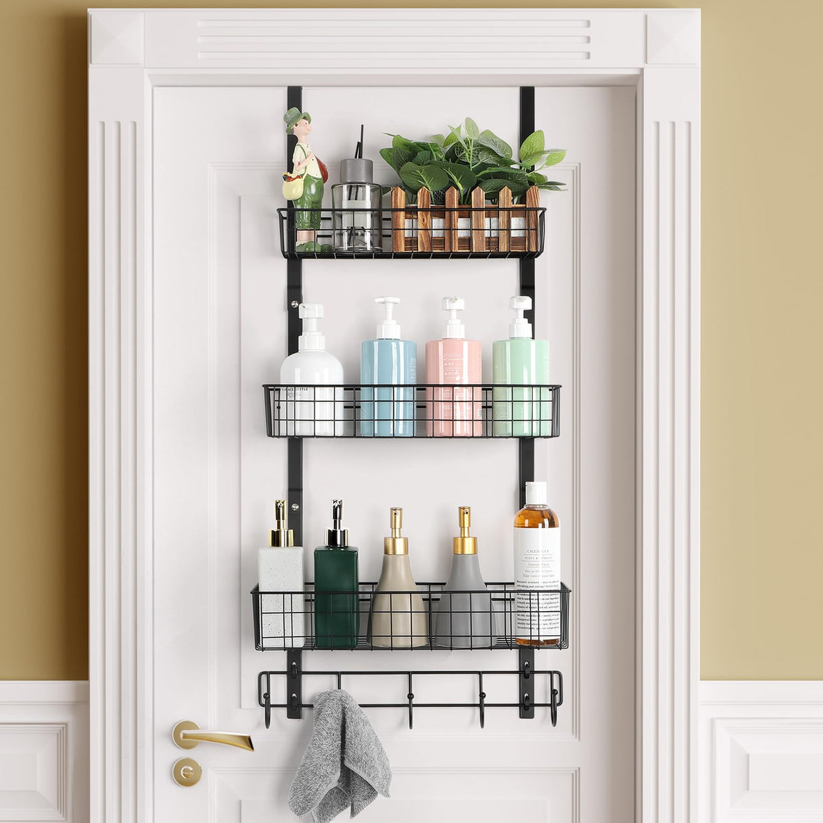 ETELI over-the-door pantry organizer with three-tier baskets keeps items tidy and accessible.
