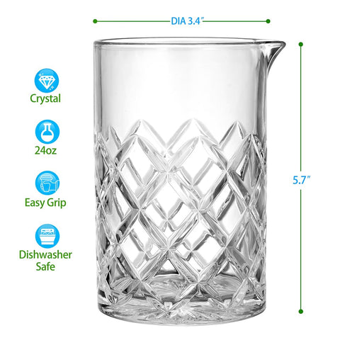 Etens old-fashioned whiskey-stirring glass fits standard bar strainers for easy setup.