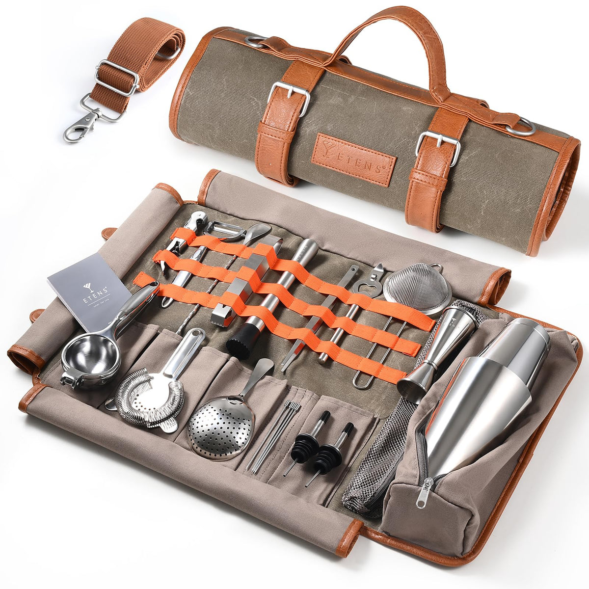 Etens Travel Bartender Kit bag open shows organized tools for on-the-go cocktail making.