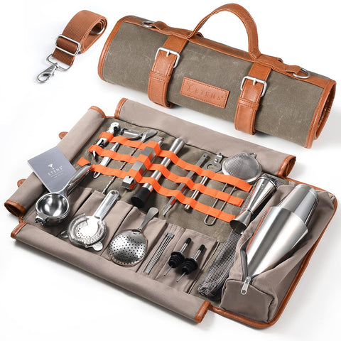 Etens Travel Bartender Kit bag open shows organized tools for on-the-go cocktail making.