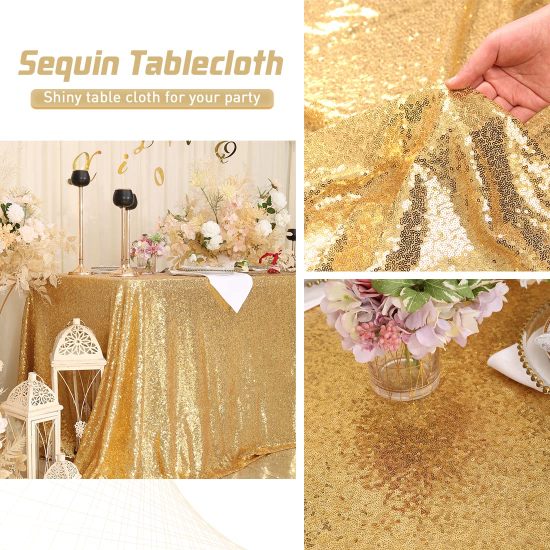 Eternal Beauty gold tablecloth for birthday party table setting with festive shine.