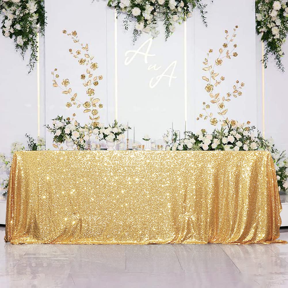 Eternal Beauty gold tablecloth complements Christmas party decor with luxe glow.