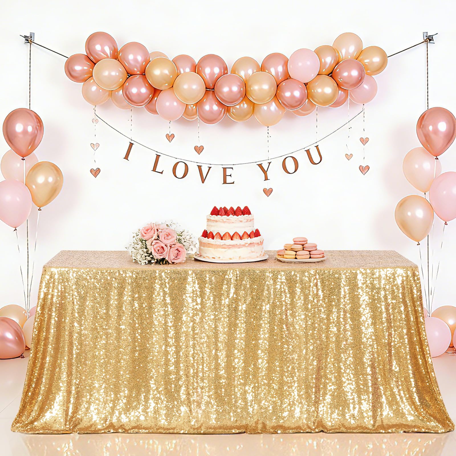 Eternal Beauty gold tablecloth sequin closeup highlighting dense 3 mm sequins for luxe sparkle.