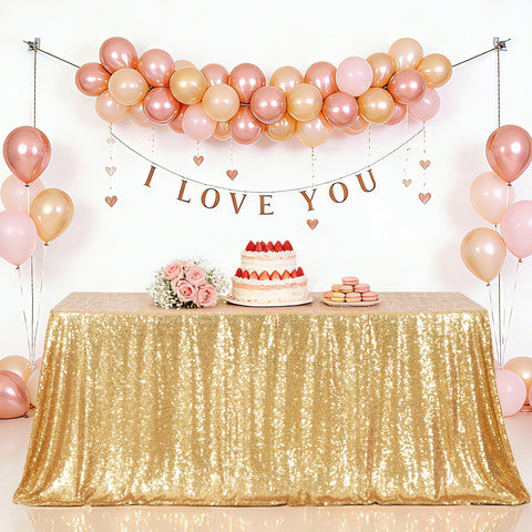 Eternal Beauty gold tablecloth sequin closeup highlighting dense 3 mm sequins for luxe sparkle.