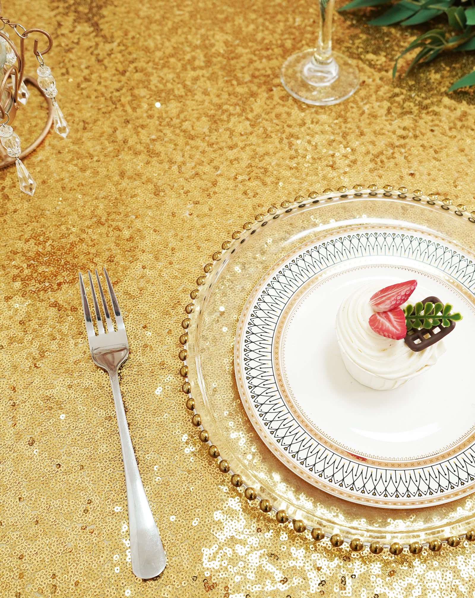 Eternal Beauty gold tablecloth seamed edges keep sequins in place.