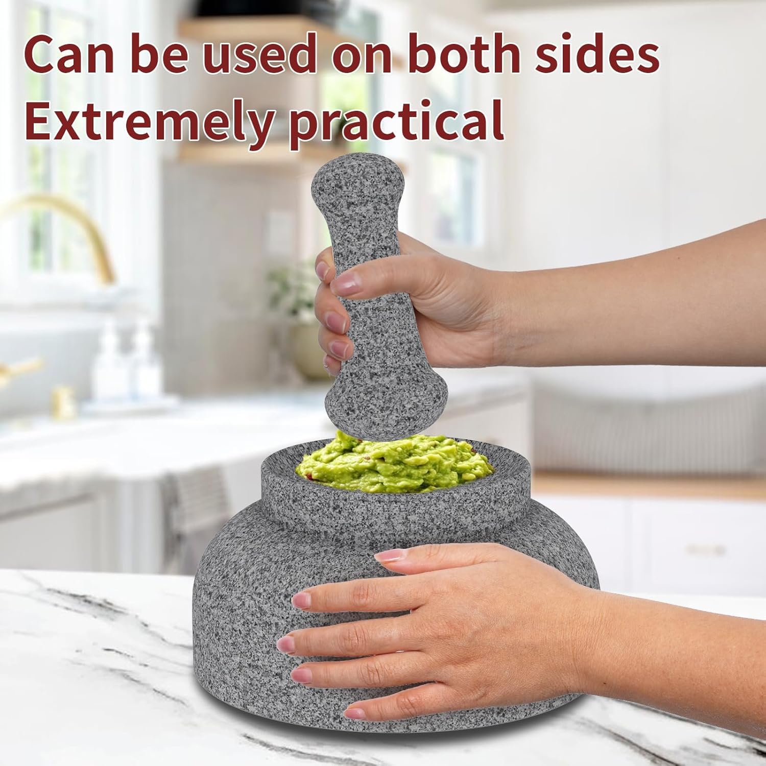 Etholive large molcajete bowl in use makes avocado sauce for gatherings.
