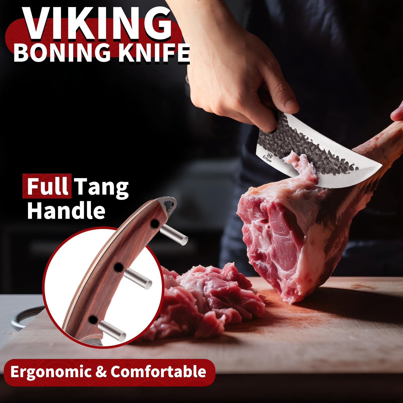 Ethyxe butcher set ergonomic-sandalwood-handles offer comfortable grip.