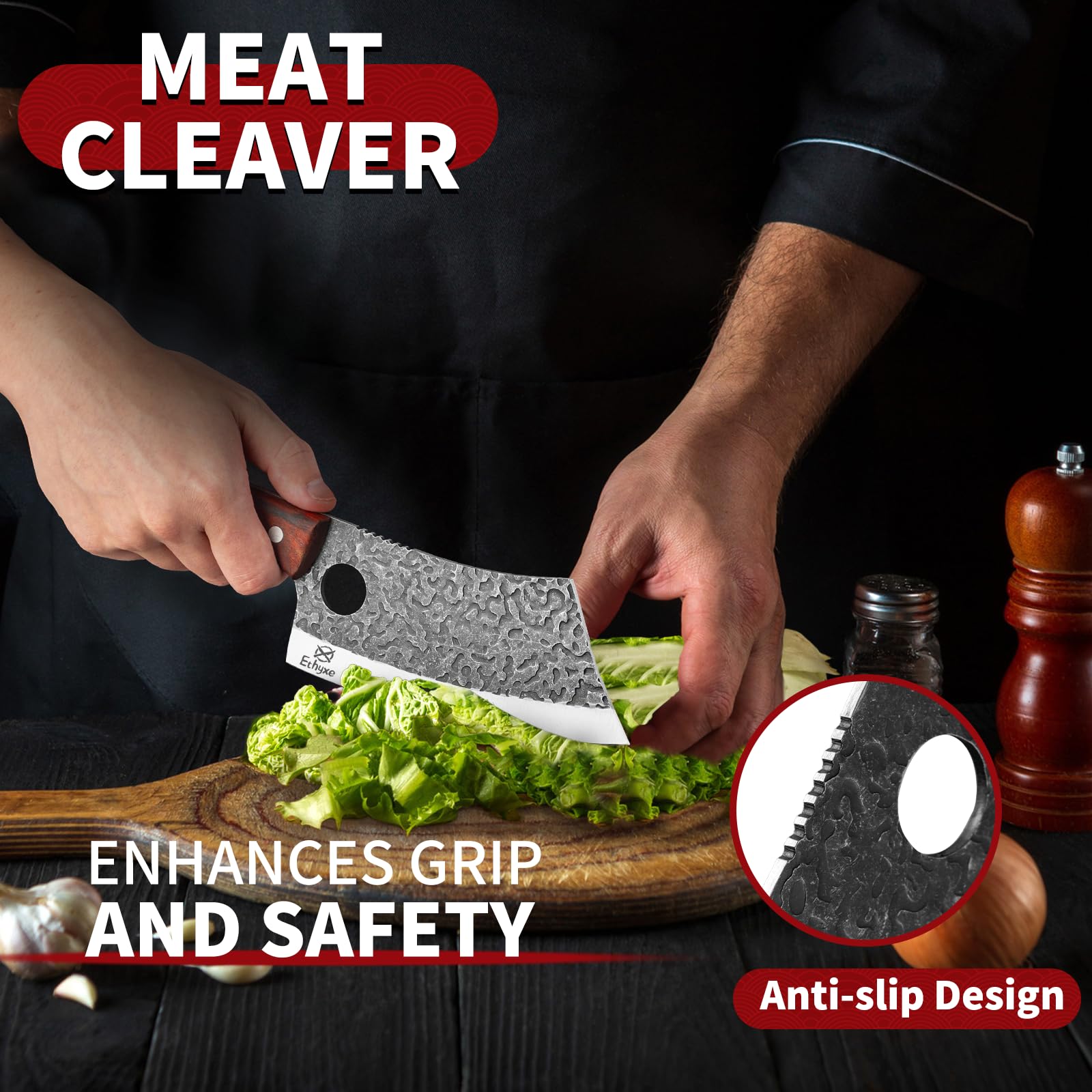 Ethyxe butcher set high-carbon-steel-blades resist rust and stay sharp.