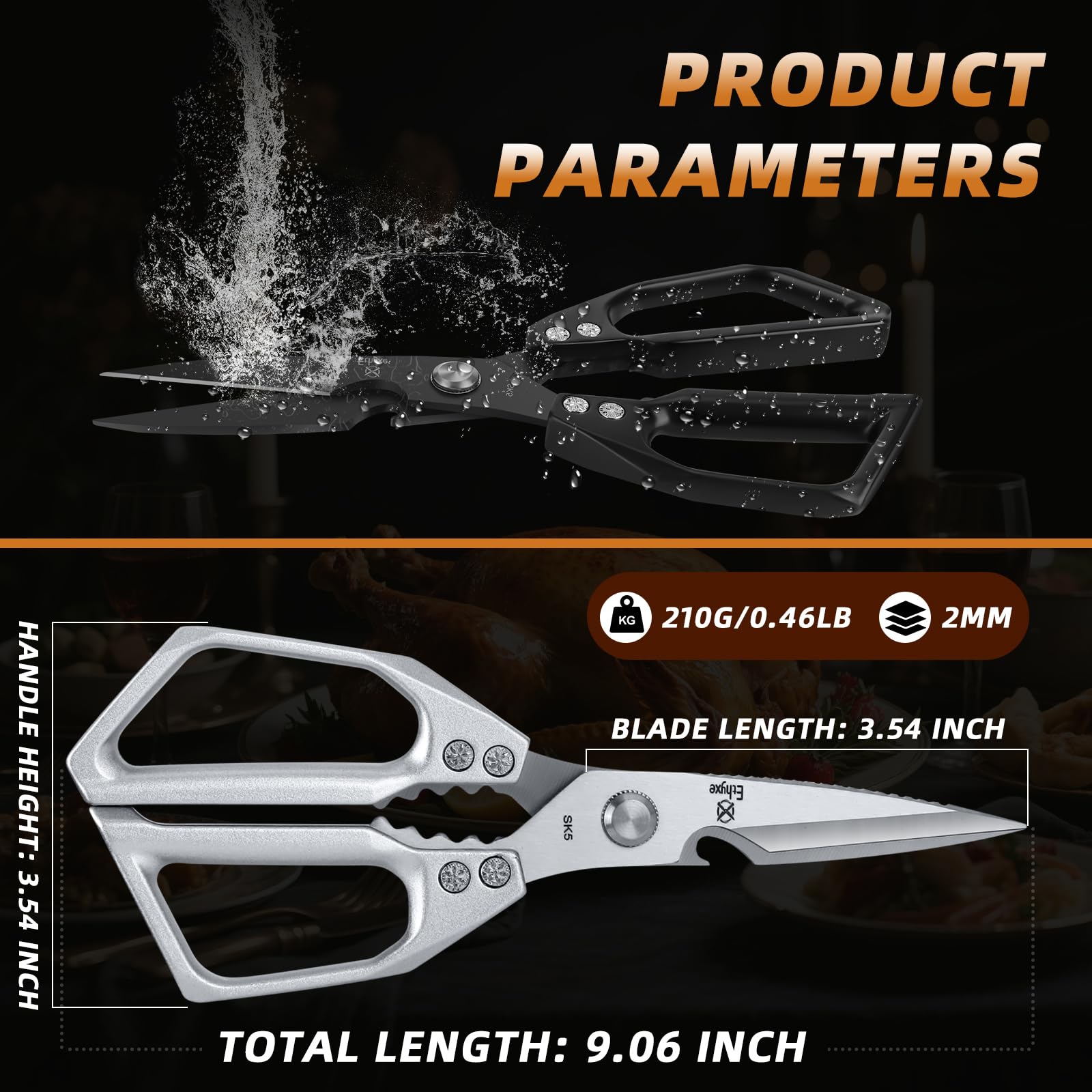 Ethyxe kitchen scissors with ergonomic handles for comfortable, controlled trimming.
