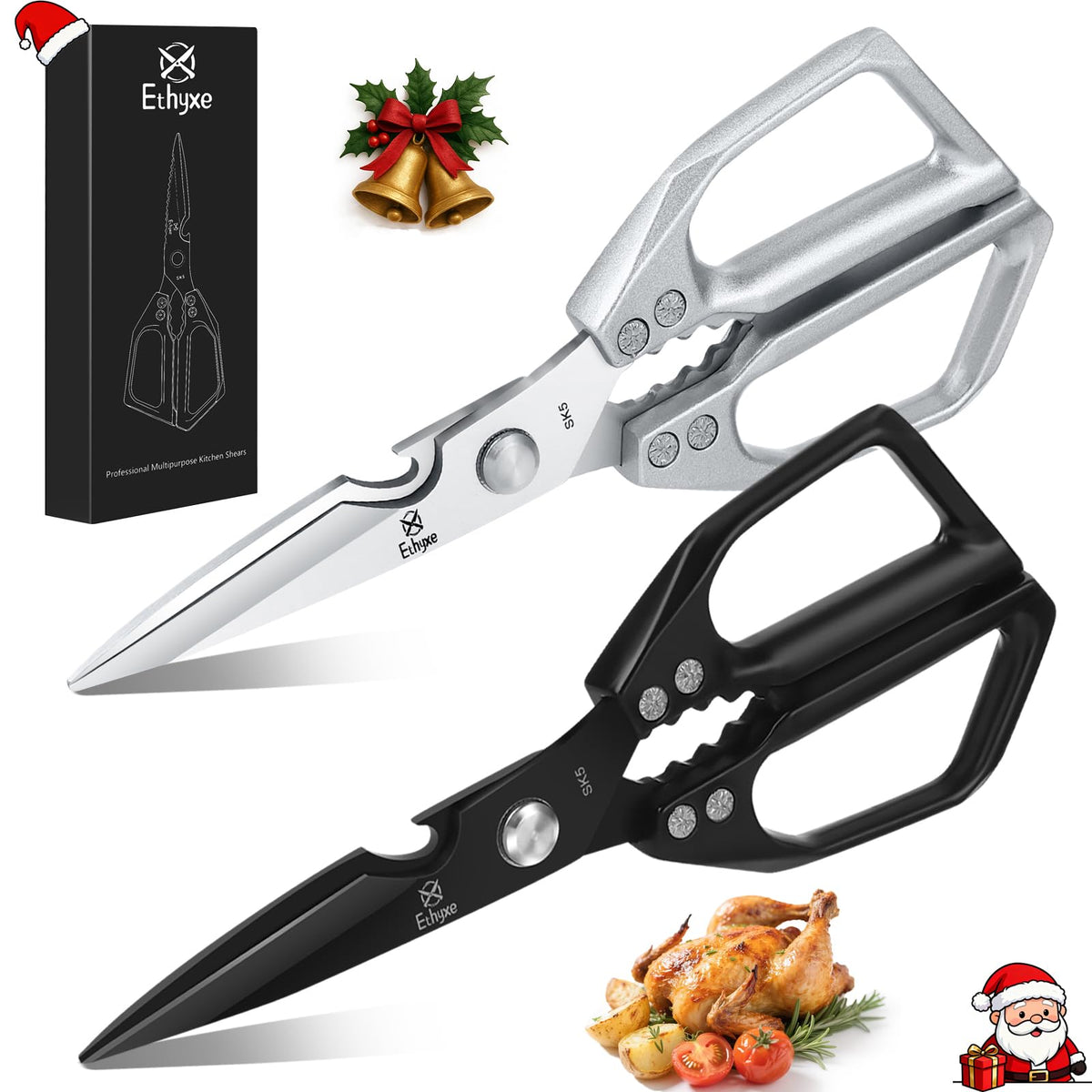 Ethyxe kitchen scissors silver pair with ergonomic handles for precise slicing.