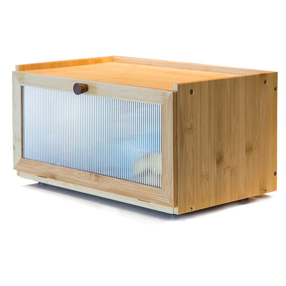 ETMI bamboo bread box front view with window keeps bread visible and fresh.
