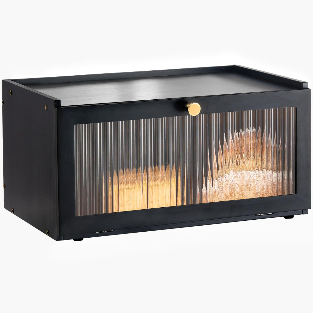 ETMI bread box front view in black for a tidy countertop with balanced airflow.