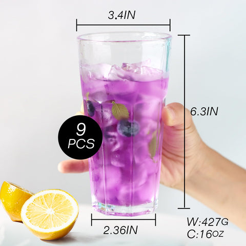 Etolies 16oz tall glasses with heavy base for stability and ice-ready pours