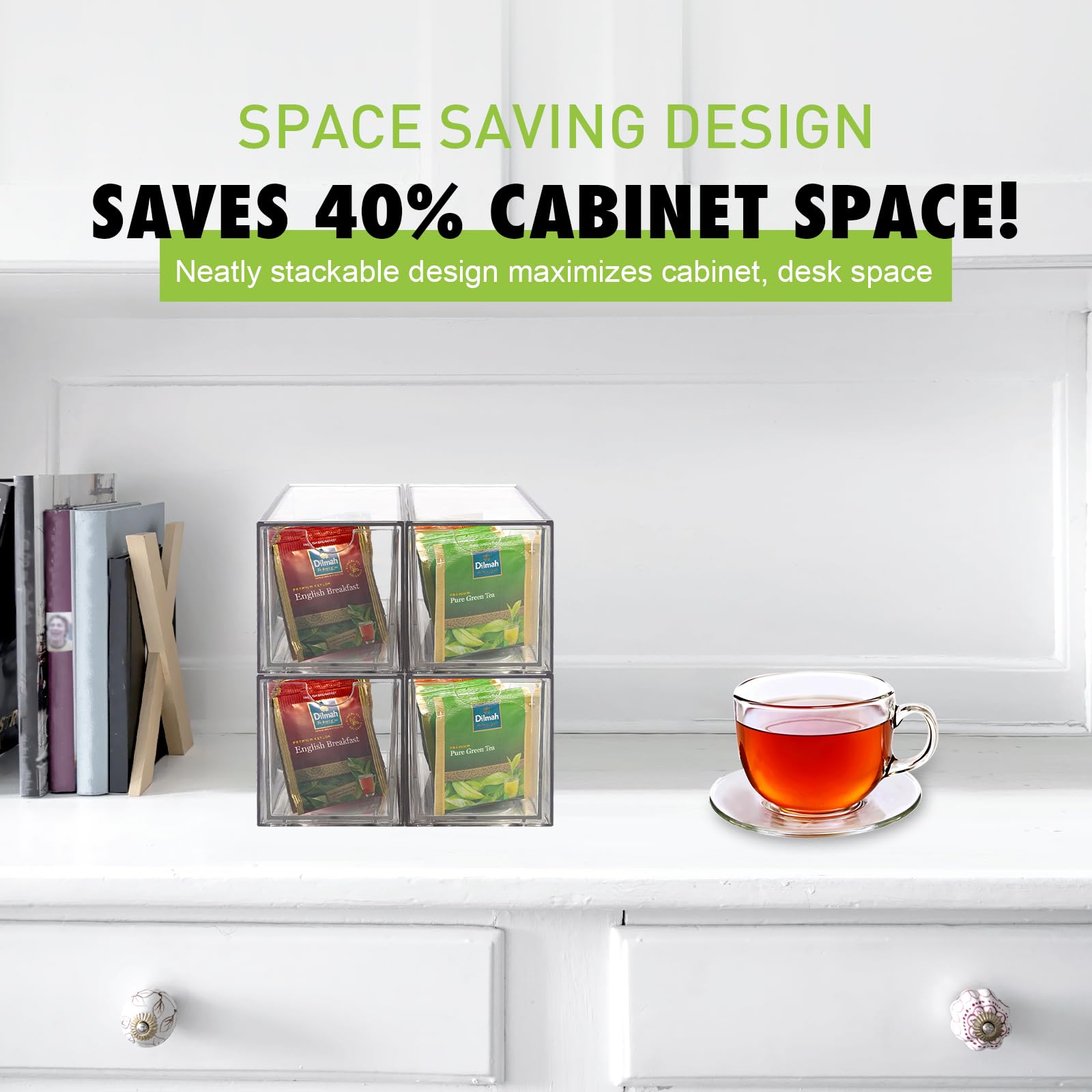 Ettrick clear drawer tea storage system keeps essentials visible.