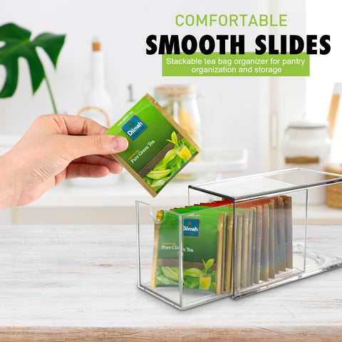 Ettrick stackable tea drawer in acrylic saves cabinet space.