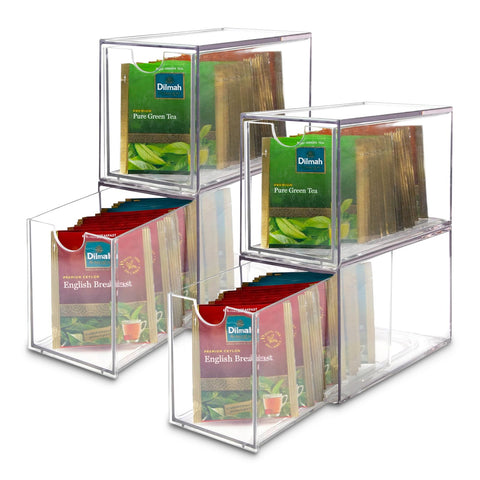 Ettrick tea bag organizer in a clear drawer for quick tea prep.