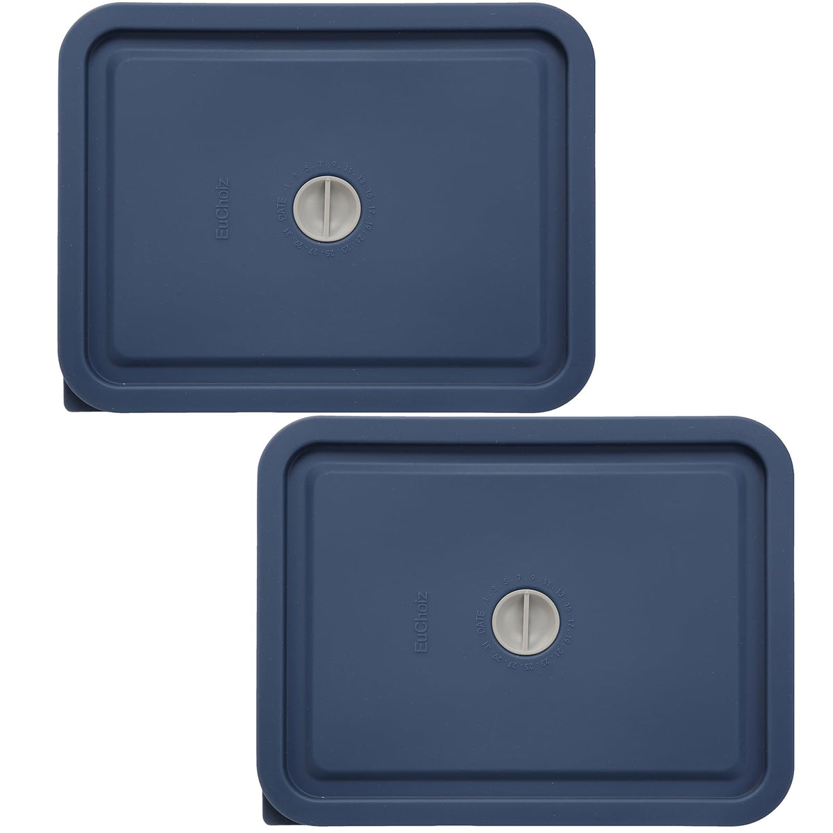 EuChoiz Pyrex lid in dark blue on 6-cup rectangle bowl, shows flexible silicone seal