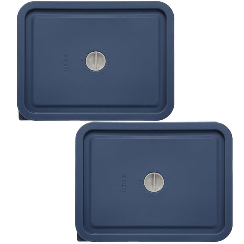 EuChoiz Pyrex lid in dark blue on 6-cup rectangle bowl, shows flexible silicone seal