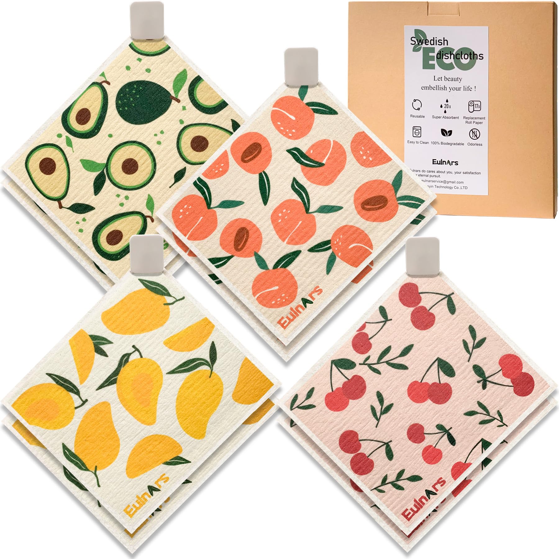 Eulnars eight-pack Swedish dishcloths with clips for organized kitchen storage