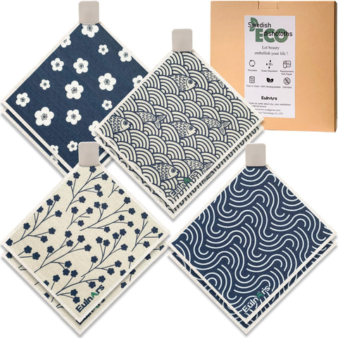 Eulnars Swedish Dishcloths 8-pack organized storage and colorful patterns.