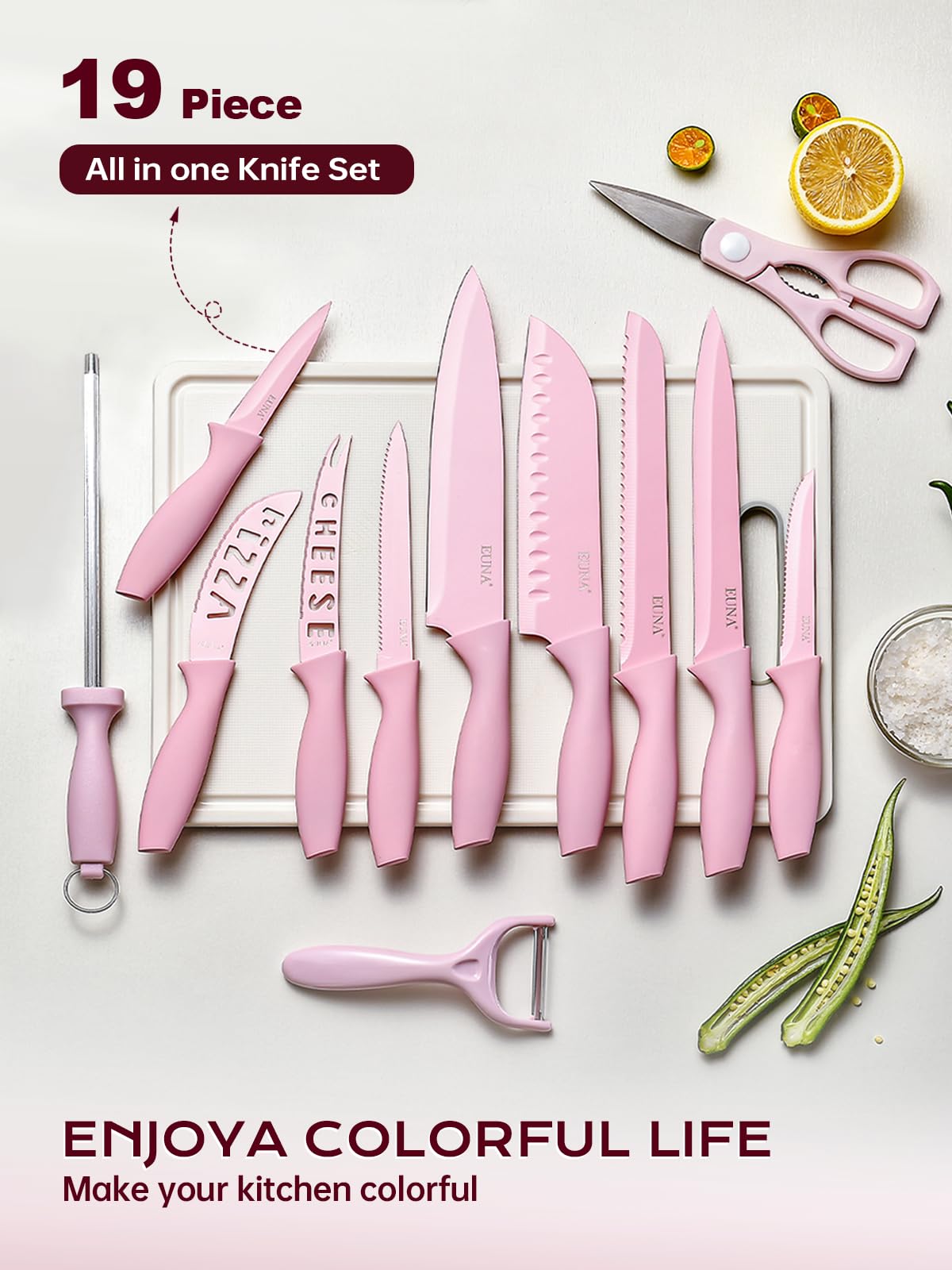 EUNA bread knife with serrated edge for clean, crumb-free slicing.