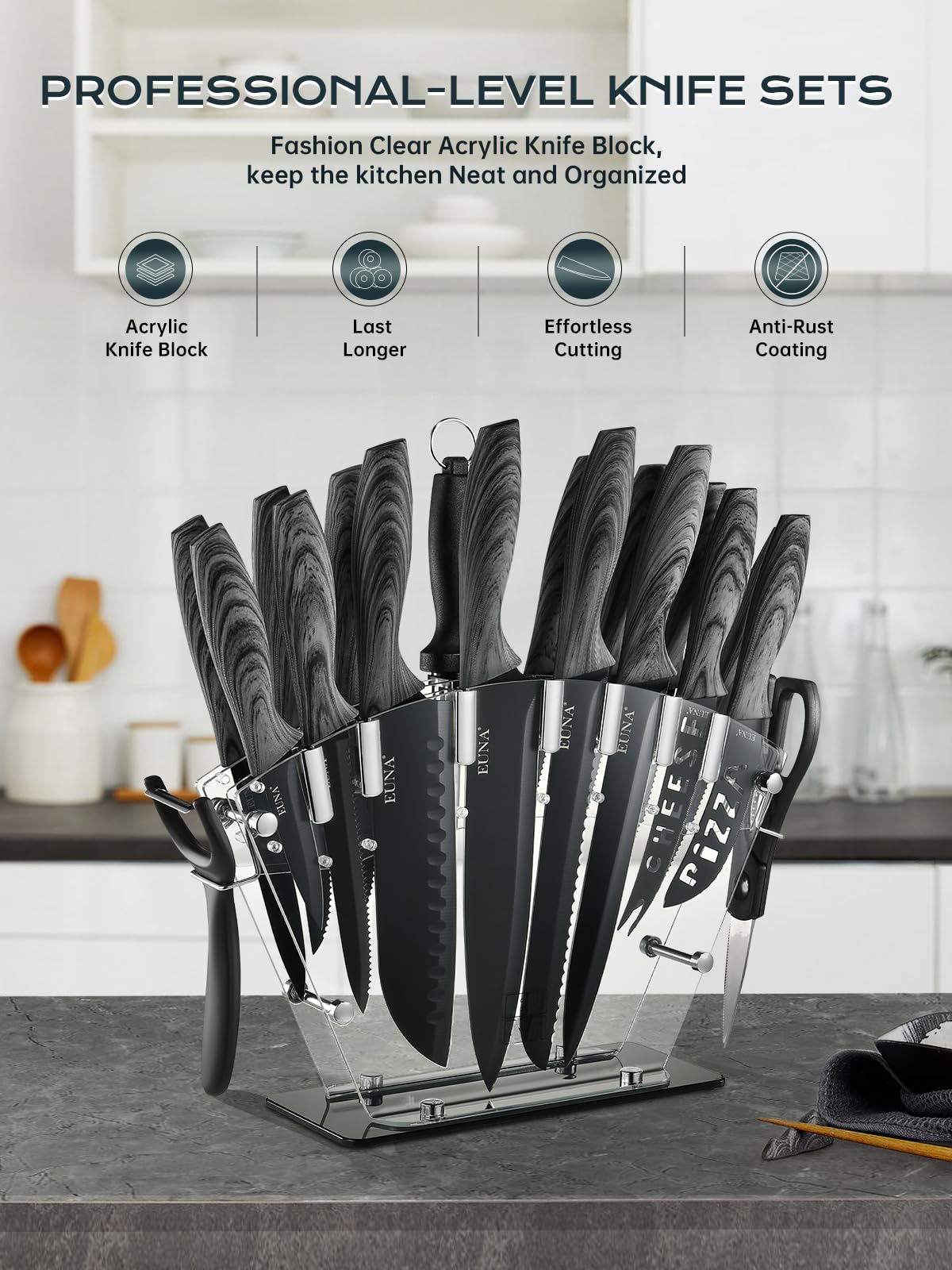 Dishwasher-safe EUNA knife set simplifies cleaning and upkeep.