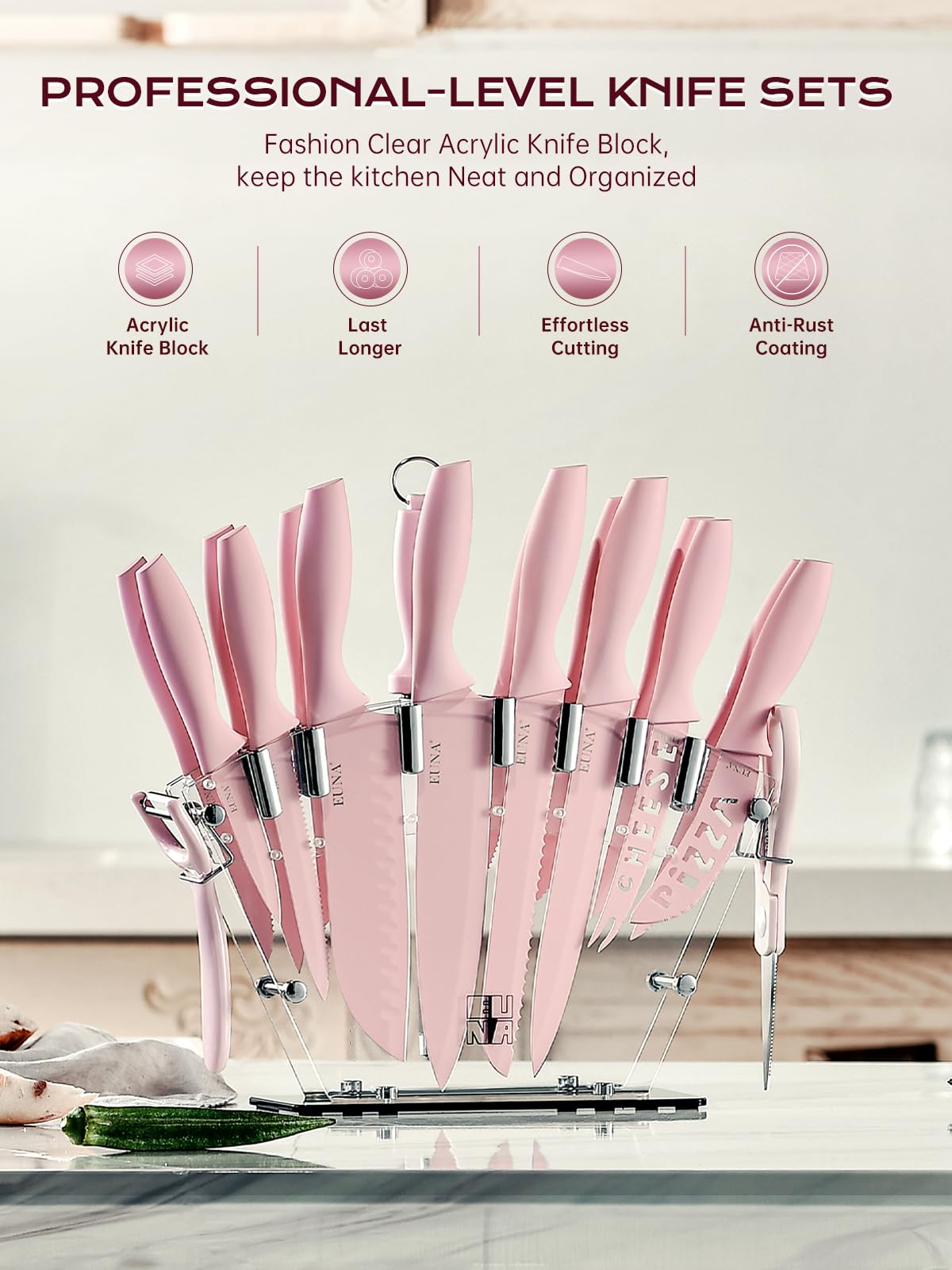 EUNA ergonomic handles with wood-grain finish for a comfortable grip.