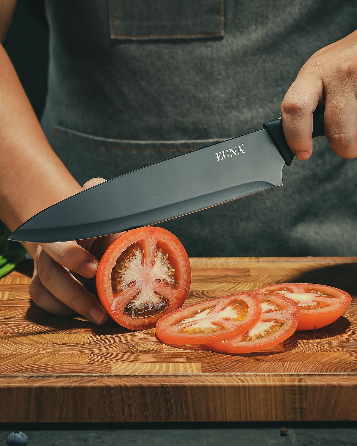 EUNA ergonomic wood-grain handles provide a secure, comfortable grip during long prep sessions.