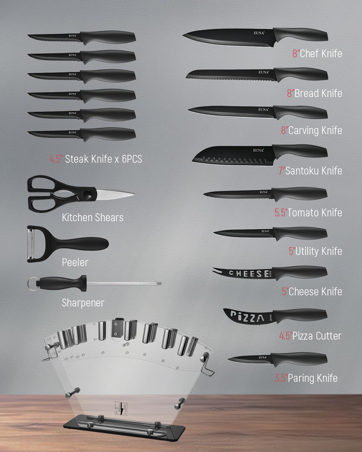 EUNA high-carbon stainless steel blades deliver durable, precise cuts for vegetables and meats.