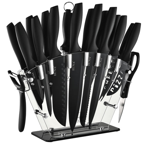 EUNA kitchen knife set with acrylic block showcases organized storage and quick blade access.