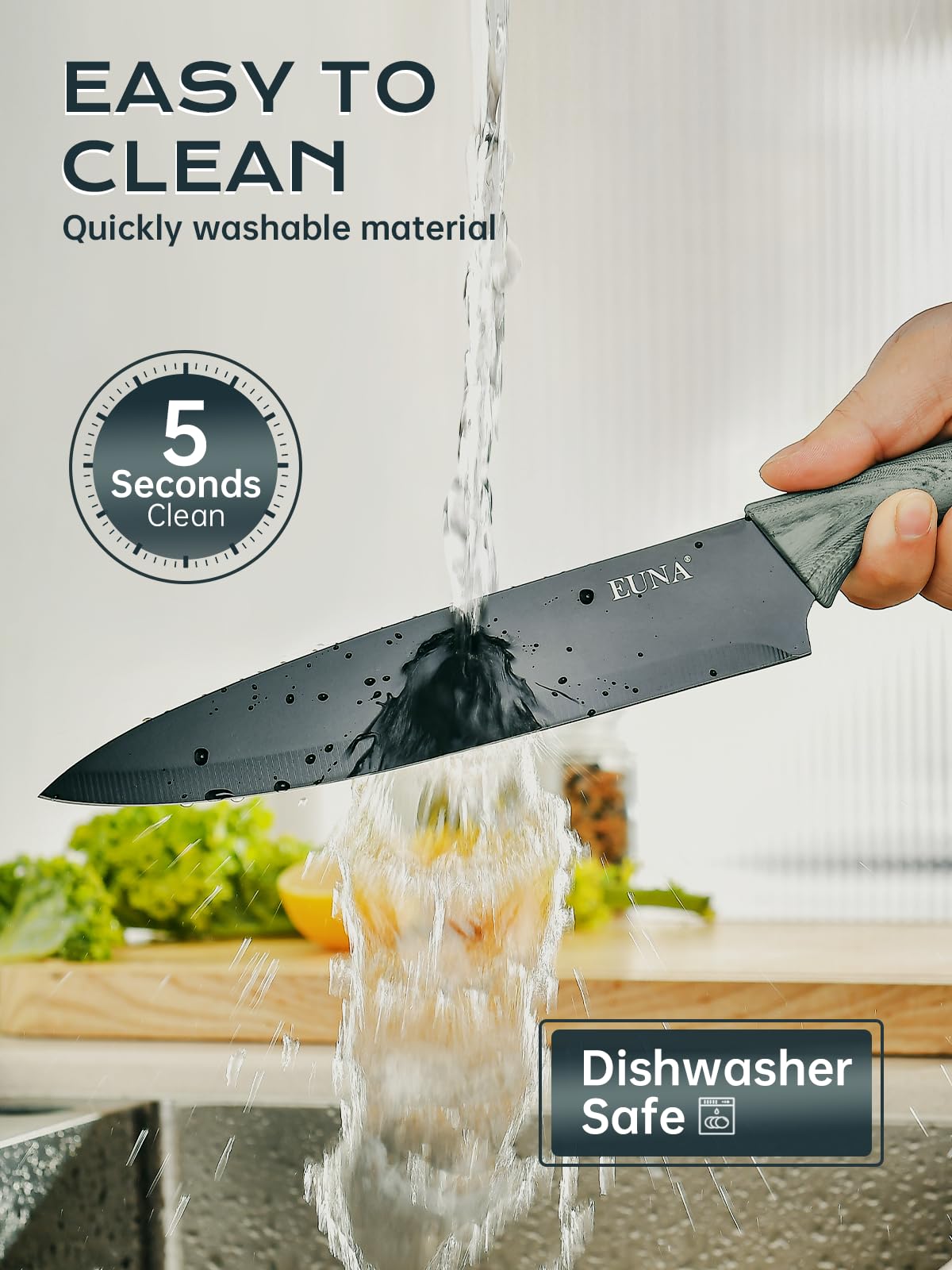 Transparent acrylic block showcases the EUNA knives while saving counter space.