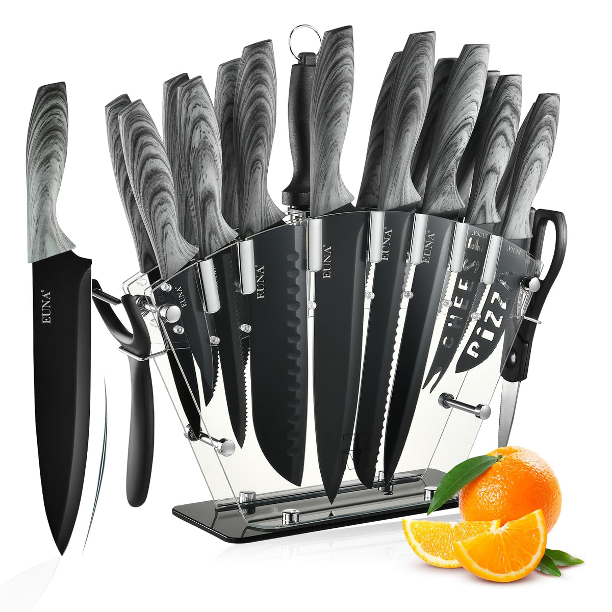 EUNA knife block set displayed in clear acrylic for organized kitchen storage.