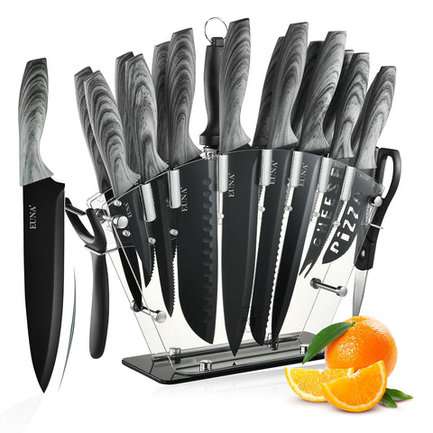 EUNA knife block set displayed in clear acrylic for organized kitchen storage.