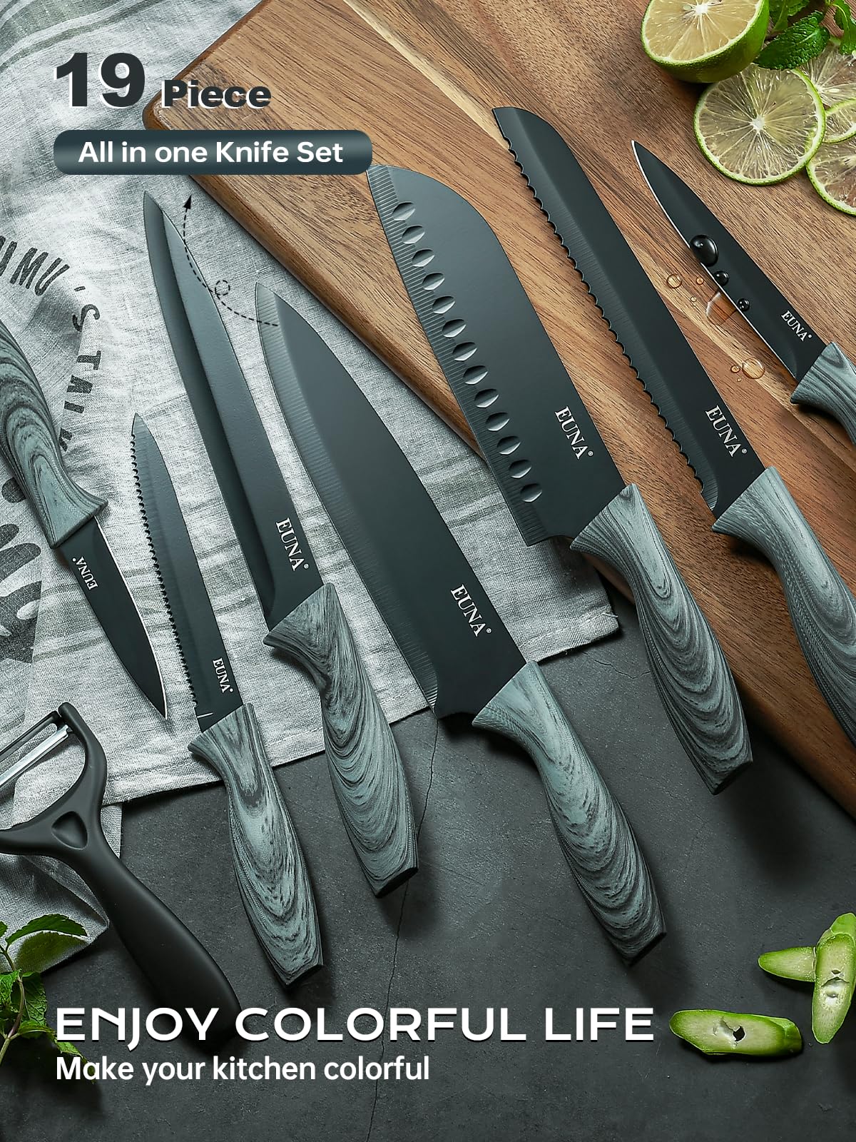 Six serrated steak knives in the EUNA 19-piece set for confident slicing.