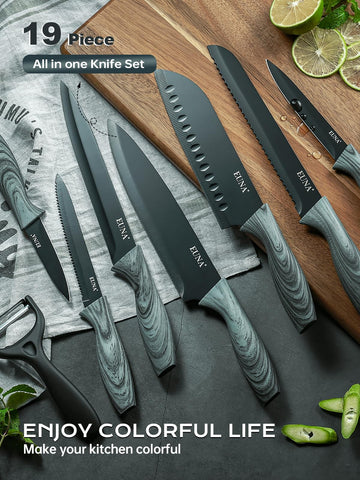 Six serrated steak knives in the EUNA 19-piece set for confident slicing.