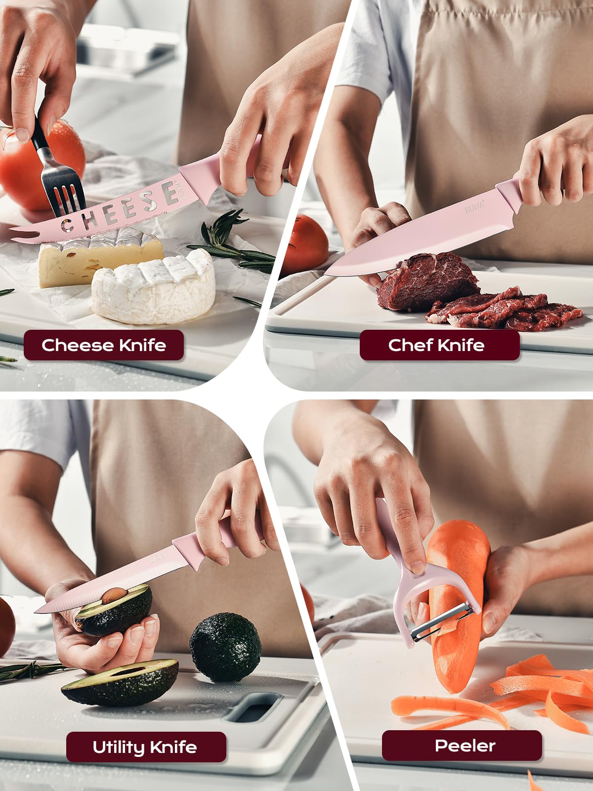 EUNA sharpening steel included for maintaining blade sharpness between uses.