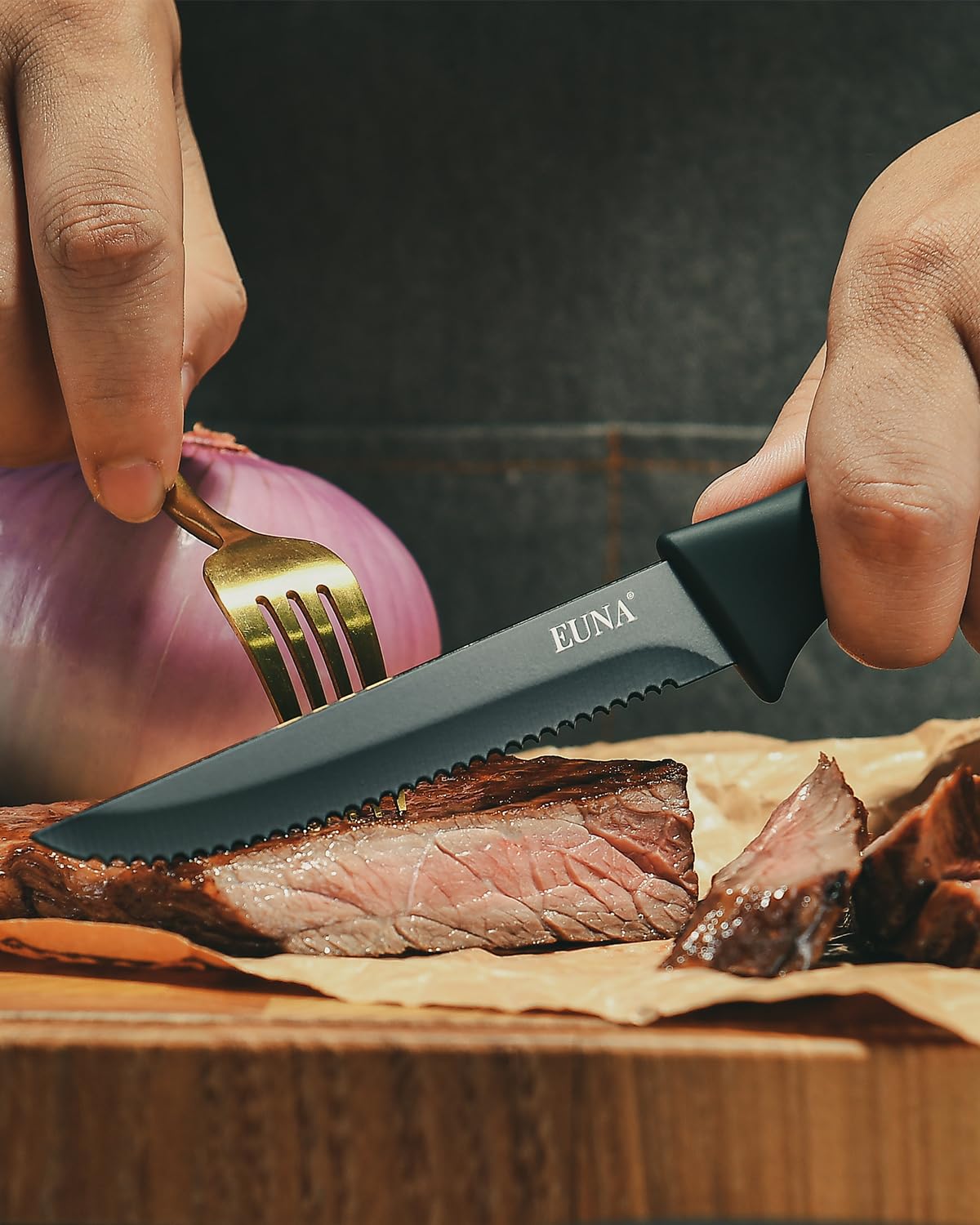 EUNA six serrated steak knives ready for clean, effortless slices through crust.