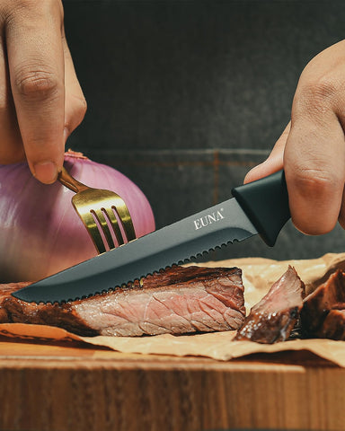 EUNA six serrated steak knives ready for clean, effortless slices through crust.