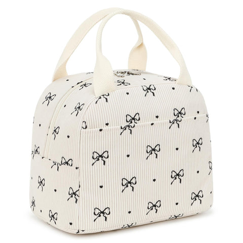 EurCross Cute Bow Tie Lunch Bag in ivory corduroy, stylish and practical for everyday use.