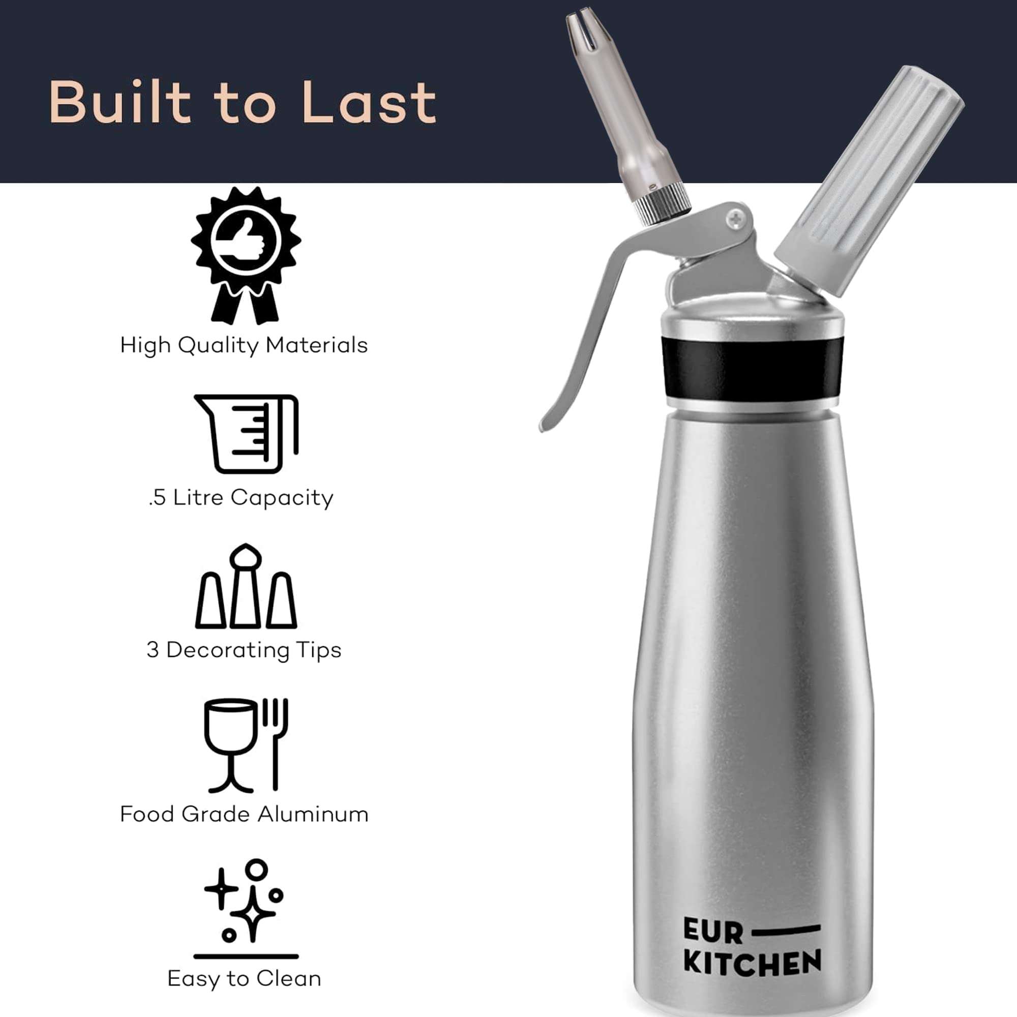 Easy-clean dispenser head and brush from EurKitchen for quick maintenance.
